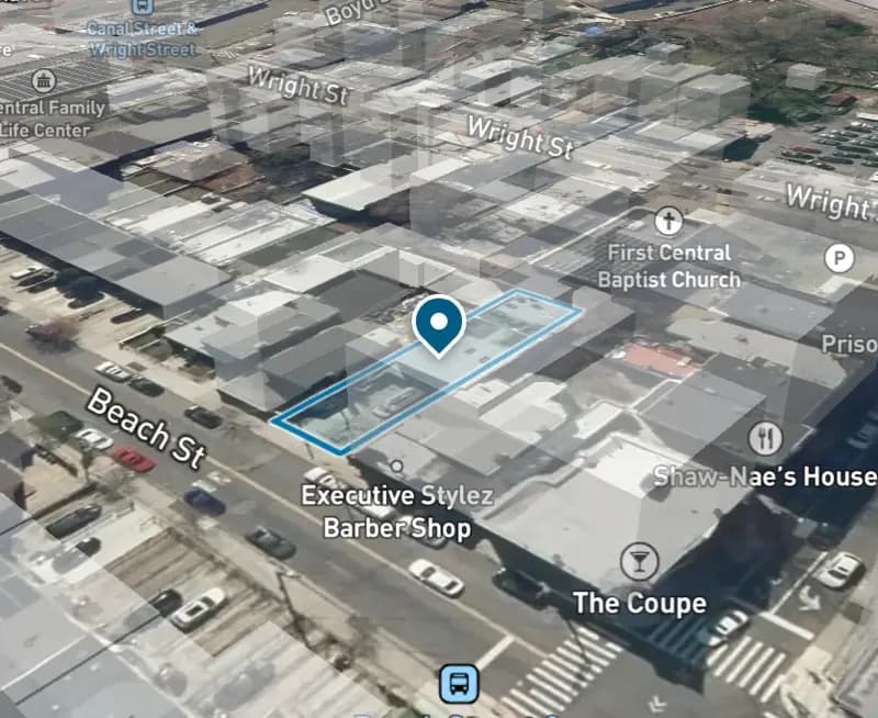 3D satellite view of 98 Beach St with the lot outlined and a pin on it